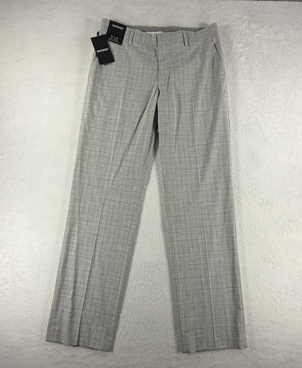Murano Men’s Alex Fit Dress Pants 31x30 Light Gray Plaid Flat Front Comfort NWT